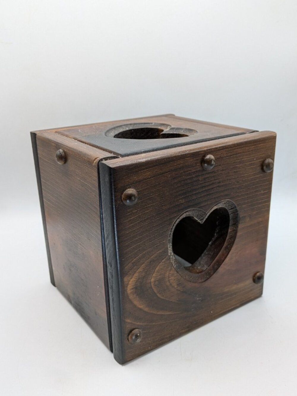 Vintage Solid Wood Square Tissue Box Holder with Heart Cut Out 6.75" Cube